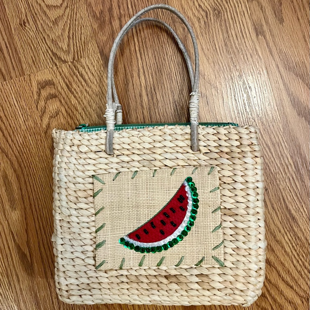 Wicker gingham bag fabric near zipper Watermelon bling design on front. Purse